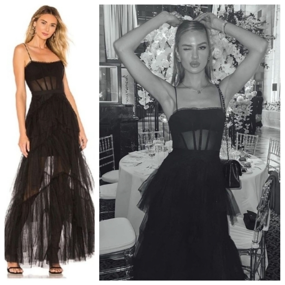 NEW BCBGMAXAZRIA Oly Black Corset Tulle Gown Ruffled Maxi Gown Dress Size 10